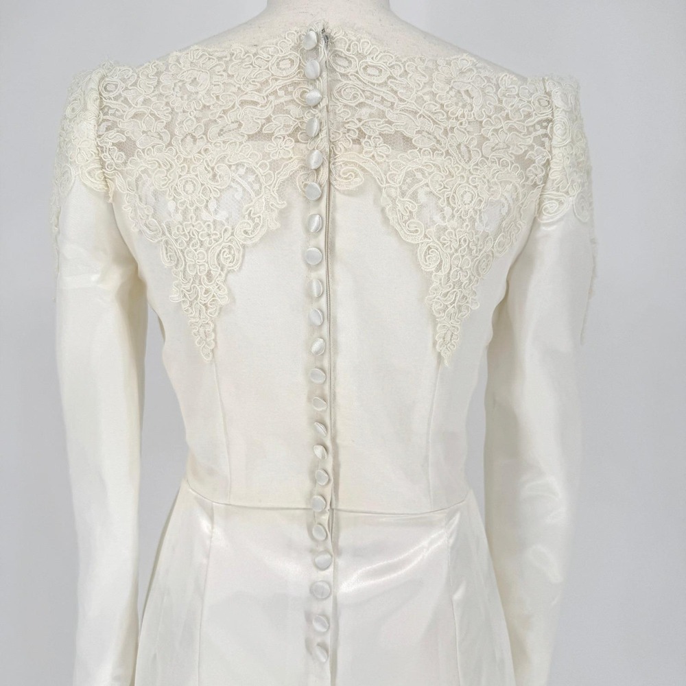 Vintage 90s Satin Lace Wedding Dress S Off Shoulder Long Sleeve Minimalist - Picture 6 of 15